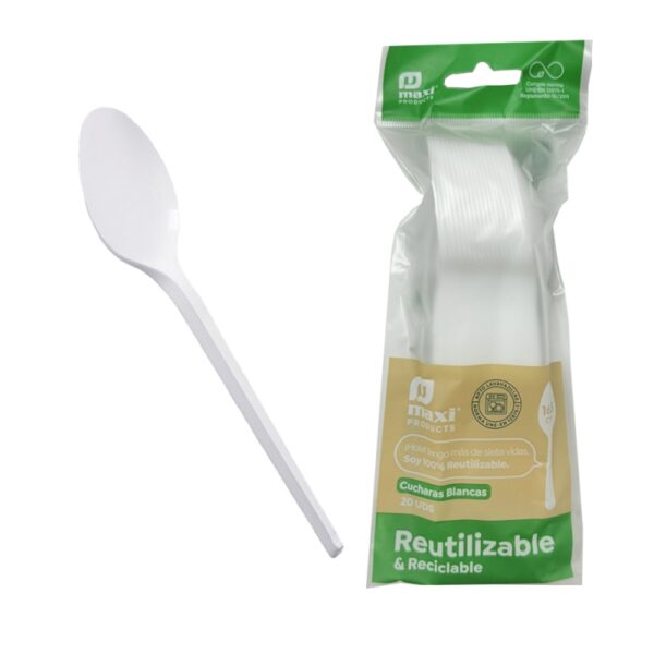 CUCHARA BLANCA DE PLASTICO RECICLABLE 16,5CM (20 UNIDADES)