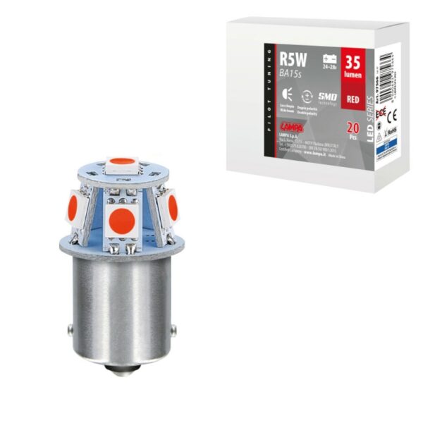 LAMPARA LED SERIES-6 SMDX1CHIP-(R5W)-BA15s ROJO-DOBLE POLARIDAD 24/28V