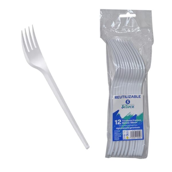 TENEDOR BLANCO DE PLASTICO RECICLABLE (12 UNIDADES)